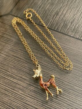 Vintage Gold-tone Deer with Brown Swirled Enamel Accents- Fawn Necklace